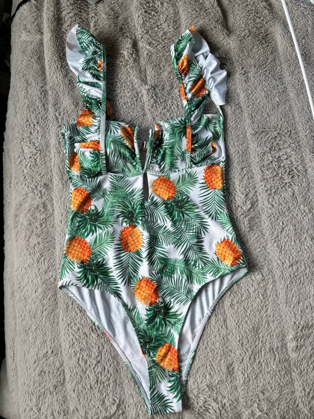 SHEIN White Pineapple Print One-Piece Swimsuit with Green Leaves